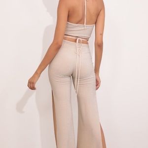 Lucy in the Sky beige shimmer matching top and pants NWT